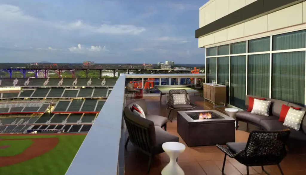 hotel room balcony with view of the trust stadium omni hotel
