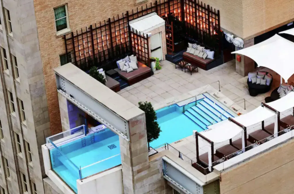 The Joule Hotel Downtown Dallas roofop pool cantilevered pool over the edge of main street 