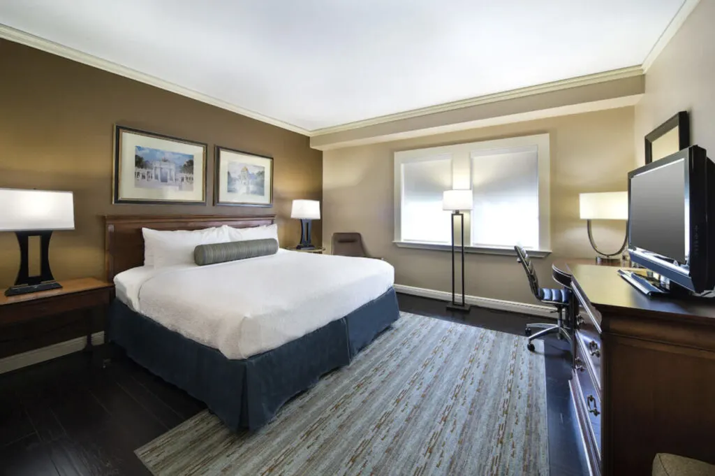 The Whitehall Houston hotel room design interior desk TV