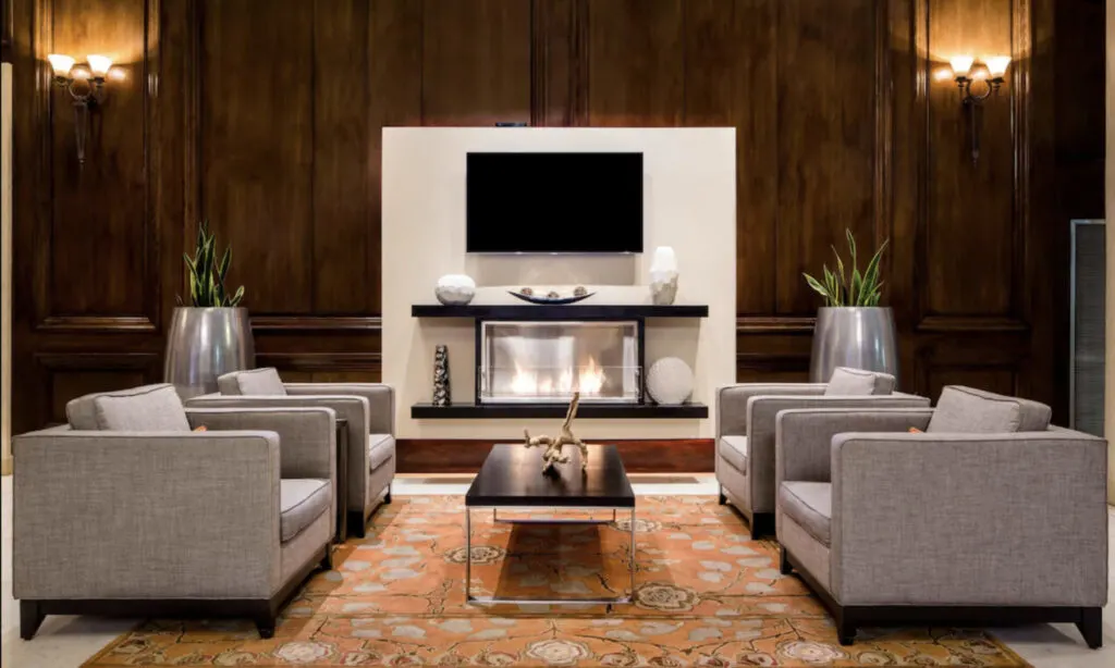 The Whitehall Houston Interior Lobby space with fireplace
