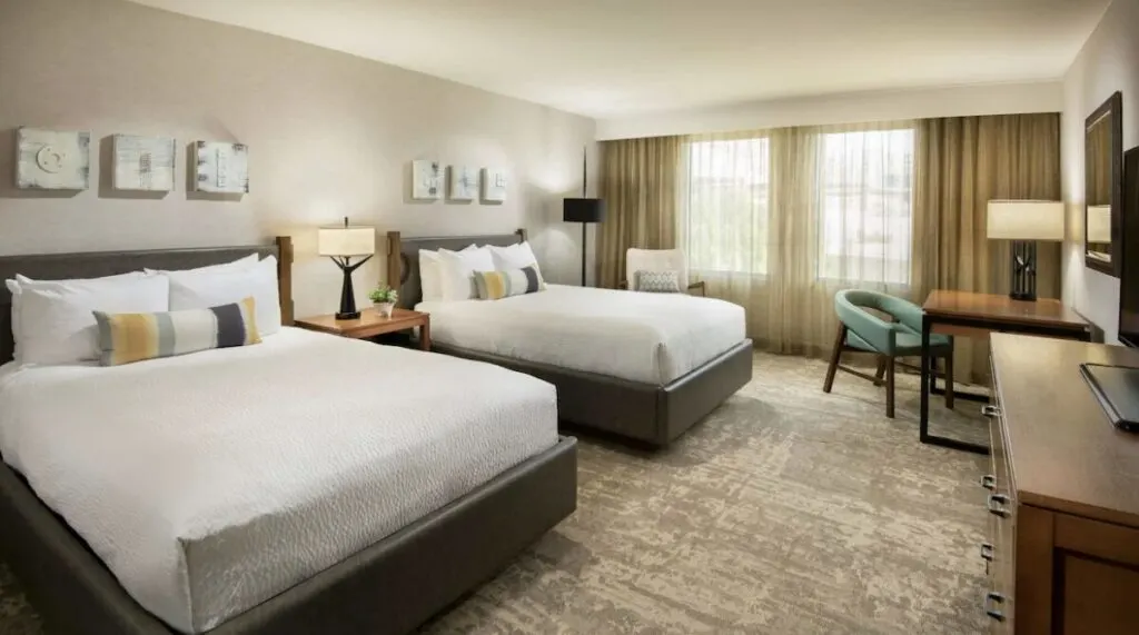 Bright room interior at Tempe Mission Palms hotel with rooftop pool