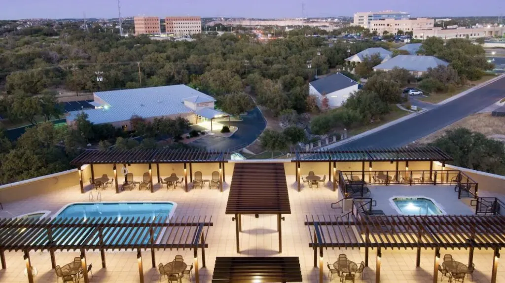 large rooftop terrace with hot tub and pool at Drury Plaza Hotel North Stone Oak San Antonio&nbsp; 