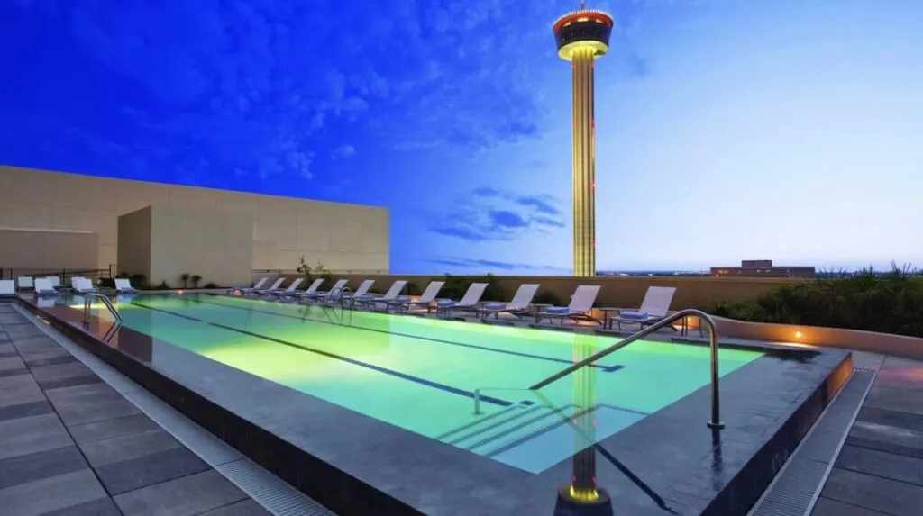 San Antonio rooftop pool hotels at night Grand Hyatt San Antonio River Walk 